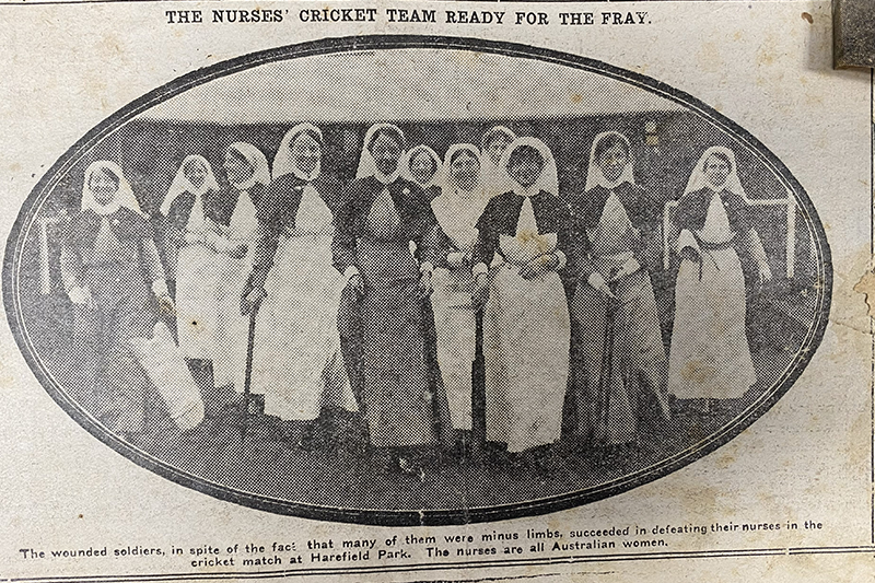 The Nurses’ Eleven take to the field at Harefield Park in mid-1915. Photo: Mirror of Australia, 4 December 1915
