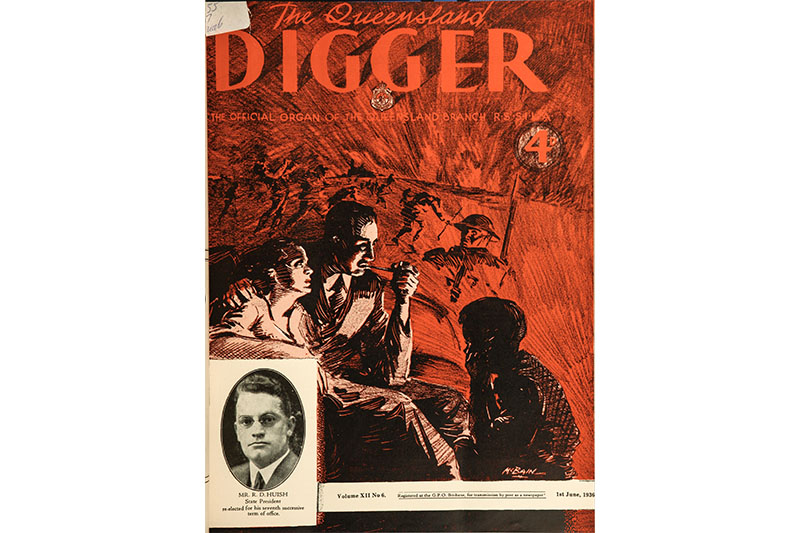 Ian McBain’s June 1938 cover featured a father reliving his wartime experiences to his family. It also featured State President Raymond Huish, who had been elected for seven successive State Presidencies. Huish would continue to be re-elected President until his retirement in 1967. State Library of Queensland.