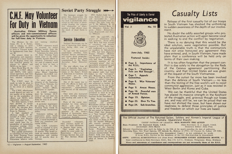 Left: Introducing the June/July edition of Vigilance with commentary on the shocking casualties sustained in Vietnam. Right: A 1965 article promoting the eligibility of citizen military forces to volunteer in Vietnam. 