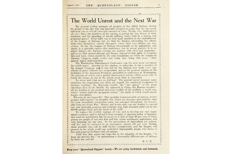 Article by H.F.E. predicting the next war from the August 1925 edition of The Queensland Digger, page 5.