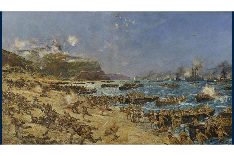 Charles Dixon (1915). The Landing at Gallipoli. Oil on canvas. Parliament House Art Collection. Black and white framed prints of this painting can still be found in some Districts and Sub Branches. 