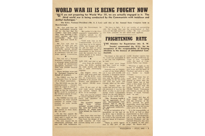 An article from the first edition of Vigilance in July 1962, likening the Communist threat to World War III. 