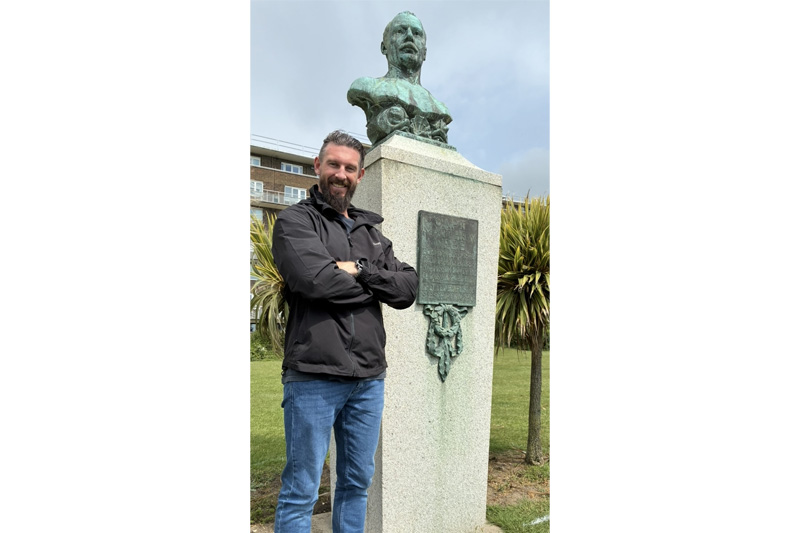 Ashley in front of the statue of the first man to swim the English Channel - Captain Matthew Webb