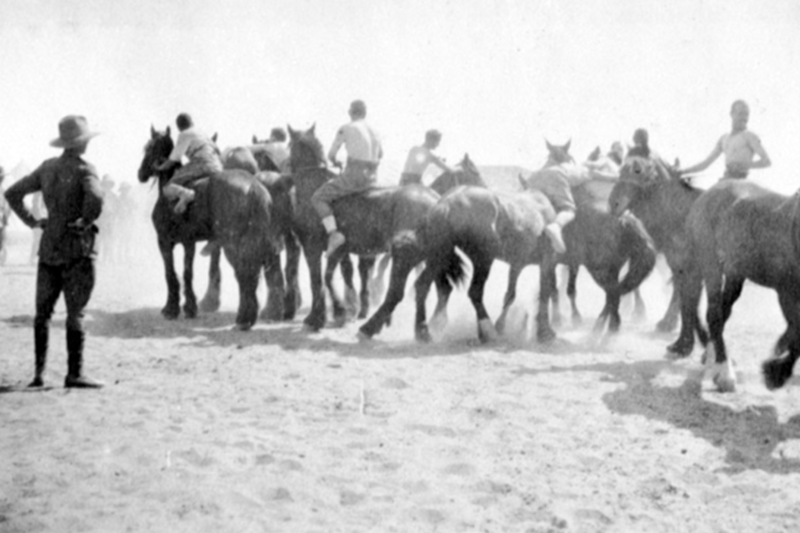 Horseback wrestling during an ANZAC Day sports carnival held at Ferry Post in Egypt on 25 April 1916. Photo: Australian War Memorial