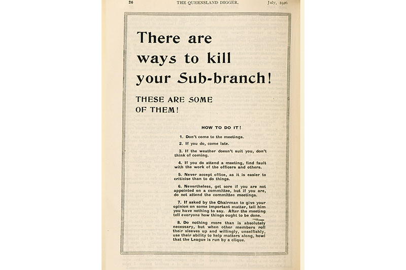 Tongue-in-cheek reminder of the dangers of irresponsible membership. The Queensland Digger, July 1926.