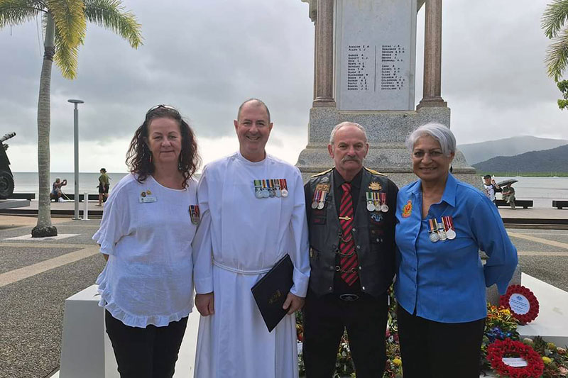 MBMMC Secretary and Treasurer of Gordonvale RSL Sub Branch Peta Ison, Navy Chaplain Nigel Porter, SSM Bob Ison, and President of the 51st Battalion Association Trish Nemani