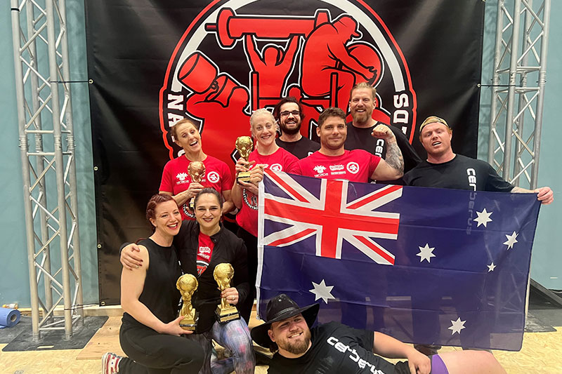 Image by Tony Farrell - The Australian team, from left, Tanita Northcott (SA), Kim Prince (3rd master’s division) (Qld), Camilla Fogagnolo (winner of the U64 and U73 divisions) (SA), Megan Clarke (winner U82 division) (WA), Matthew Rooney (Qld), Luke Keiger (Qld), David Forth (Qld), Conor Reilly (Qld) and, front and centre at the bottom, Robert Marlow (NSW).
