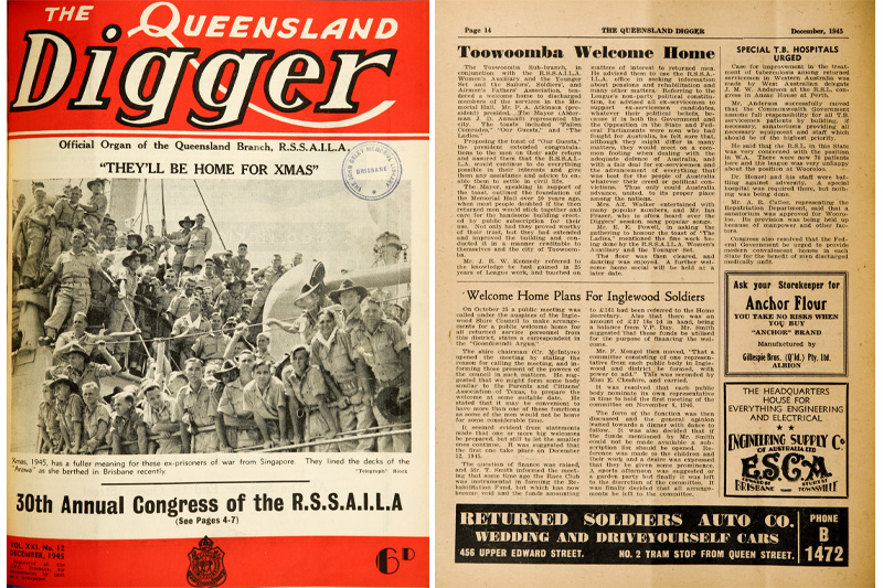 Left: The cover of the December 1945 edition of The Queensland Digger. Right: Page 14 of the December 1945 edition of The Queensland Digger, featuring homecoming articles for Toowoomba and Inglewood. 