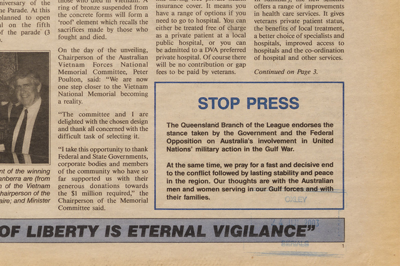 Stop Press call out box on the cover of Queensland RSL News, January 1991. 
