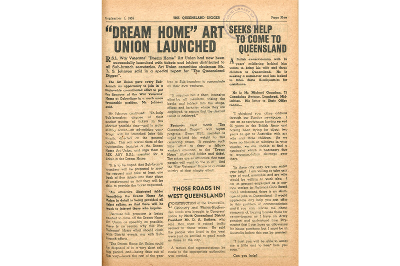 Article about the Dream Home Art Union from September 1955 editions of The Queensland Digger.