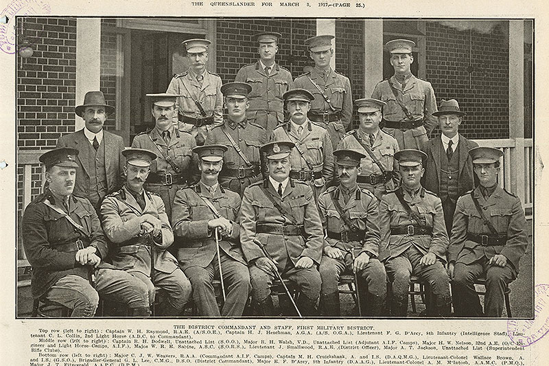 The District Commandant and Staff, First Military District. Richard Walsh is standing second from the left in the middle row. He did not stand for re-election of the RSSILA Presidency in 1917 and was elected vice-president. He continued his AIF service as the Camp Commandant of Enoggera Camp (Gallipoli Barracks) and returned to the Queensland Health Department after the war. He died in 1949 aged 75 years