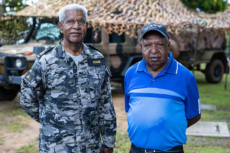 Royal Australian Navy Indigenous Elder Uncle Phillip Bowie (left) and Navy veteran John Adidi
