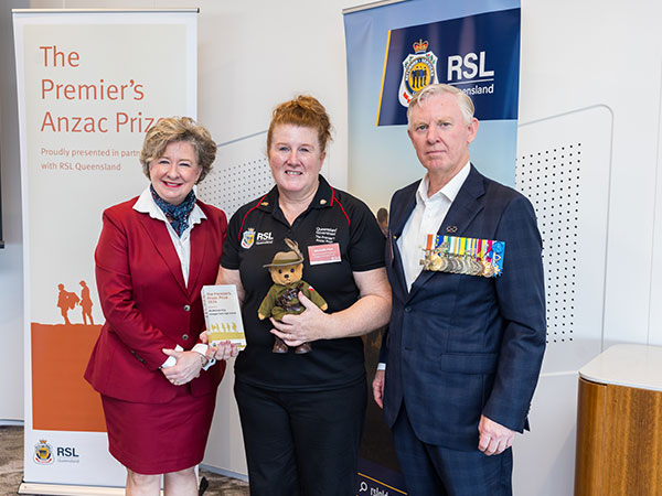 Michelle (centre) with Assistant Minister for Education Corrine McMillan and RSL Queensland State President Major General Stephen Day DSC AM