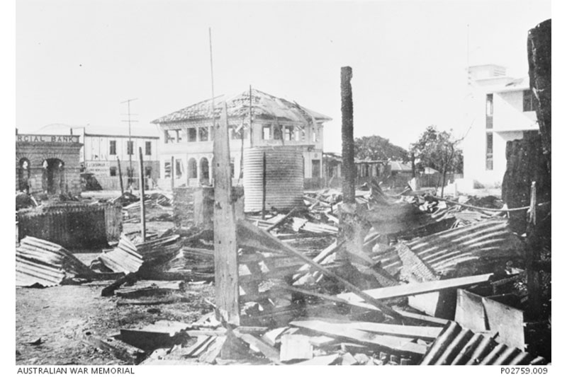 The damage in Darwin following the February 1942 bombing by the Japanese. Photographer unknown, AWM P02759.009.