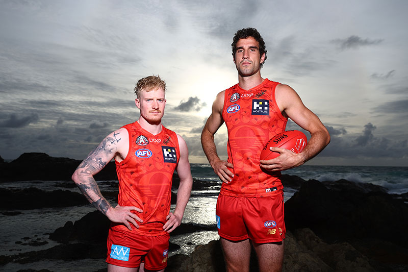 SUNS forward Ben King and defender John Noble in the Gold Coast SUNS 2025 ANZAC guernsey. Image: Chris Hyde 