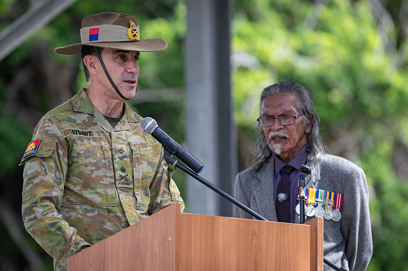 Image: Department of Defence | Chief of Army LTGEN Simon Stuart AO DSC and Marsat Ketchell at the 80th anniversary ceremony of the Torres Strait Island Light Infantry Battalion.