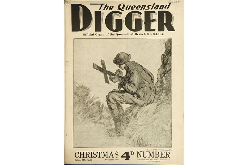 December 1938 cover of The Queensland Digger featuring Will Dyson’s The Mate (In memory of W – Machine Gun Company Messines Ridge), 1917. This image was used for the covers of six issues, including  four successive Christmas covers. State Library of Queensland