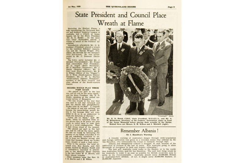 A story from the May 1939 edition about placing wreaths at the Eternal Flame at Anzac Square. 