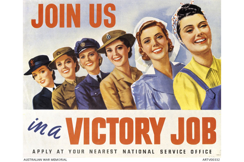 Maurice Bramely’s (1898-1975) iconic 1943 recruitment poster showing Australian servicewomen. From left to right: Women’s Royal Australian Navy Service, Australian Women’s Army Service, WAAAF, Australian Women’s Land Army, Australian AAMWS and a Munitions Worker.